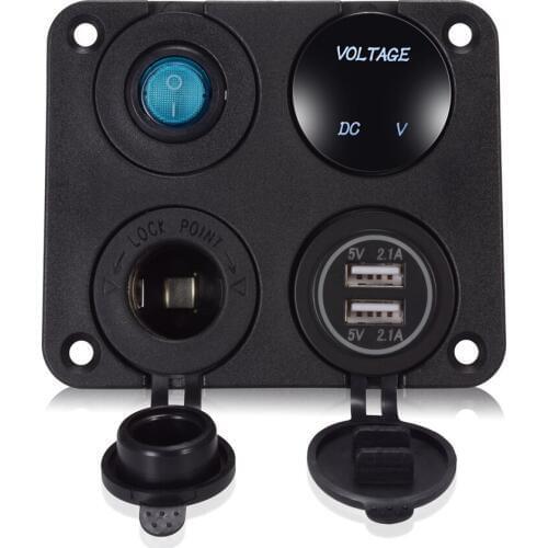 4 in1 Blue Backlight Car Dual USB Charger + Voltage Meter Display + Rocker Switch Cigarette Lighter Power Adapter Sockets Plug