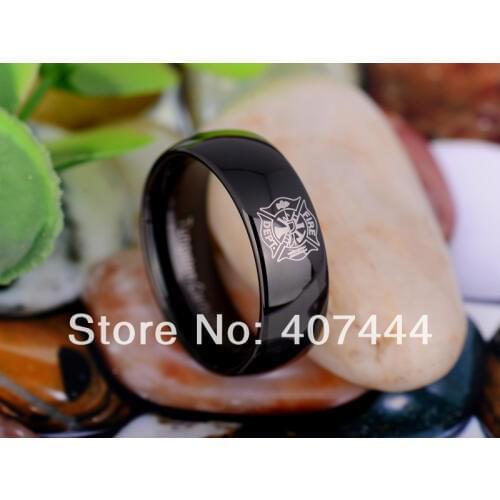 Free Shipping USA UK Canada Russia Brazil Hot Sales 8MM Black Dome Fireman Firepolice New Mens Tungsten Carbide Wedding Ring