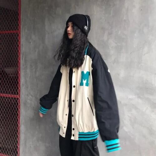 2021 baseball uniform streetwear jacket female new Korean style loose retro American stand-up collar color matching jacket top