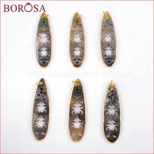 BOROSA 10PCS Gold Color Long Teardrop Rainbow Shell Carved Charm Gems Shell Pendant Jewelry for Necklace/earrings Making G1599