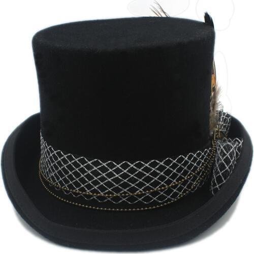 17CM 4 Size Handwork Steampunk Black Wool Women Men Fedora Top Hat For Magician Party Wedding Hat