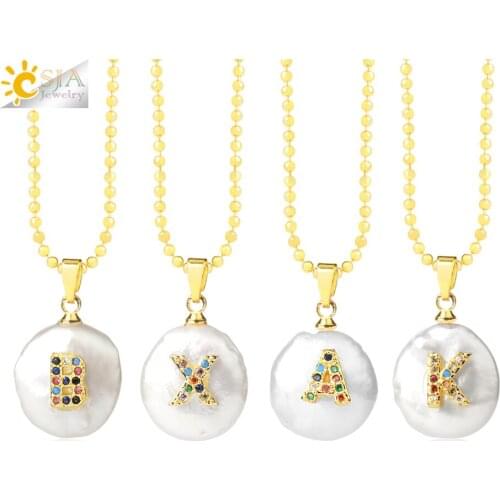 CSJA Natural Freshwater Pearl Necklace Pendant Gold Color Capital Letter Necklaces Alphabet Cubic Zirconia Collares Jewelry G684