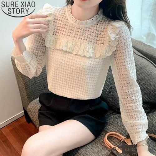 Elegant Long Sleeve Lace Blouse Sweet Ruffled Tops Autumn Vintage Shirt French Korean Hollow Out Shirt Stand Collar Blusas 17050
