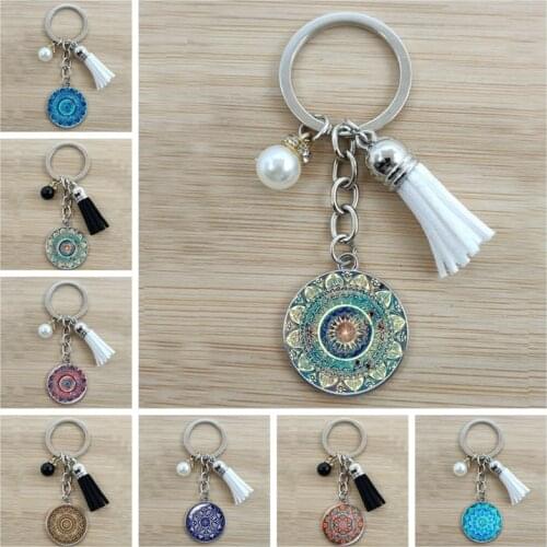 Indian Bohemian Mandala Keychain Handmade Art Painting Glass Cabochon Pendant Keyring Yoga Buddhism Keychain Jewelry