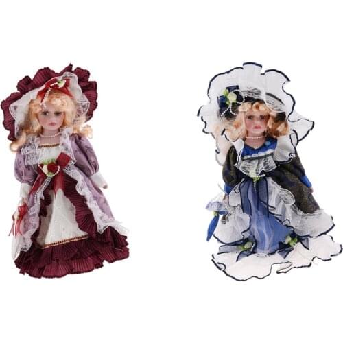 12inch Porcelain Doll Collectible Miniatures, Victorian Doll Wearing Purple Dress with Ruffles at The Neckline, and Hat
