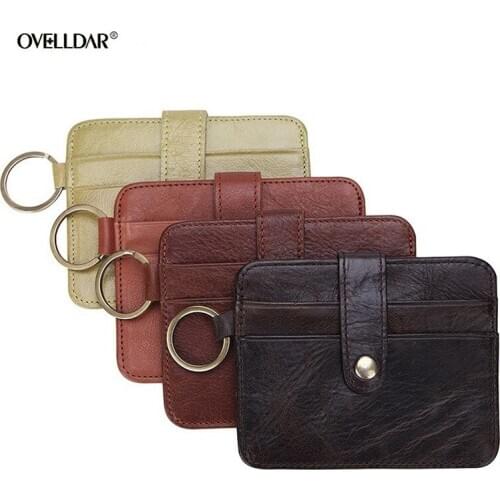 Genuine Leather Mens and Womens Card Top Layer Leather Wallet Multi-card Buckle Purse Coin Pocket Money Bag Key Bag