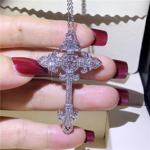 925 Sterling silver Flower Long Cross Pendant AAAAA Cz Stone Cross Pendant Necklace for Women Men Party Wedding jewelry