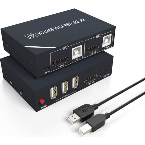 KVM Displayport 8K DP 1.4 USB Switch 8K USB Displayport Switcher with Audio and USB 2.0 HUB 2 Computers Share Keyboard Mouse