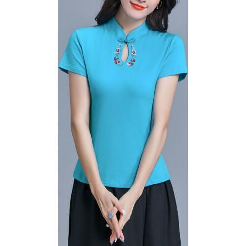 Summer Tops Simple Ethnic Embroidery T Shirt Vintage Stand collar Plus size Ladies 95% Cotton Tees Clothes