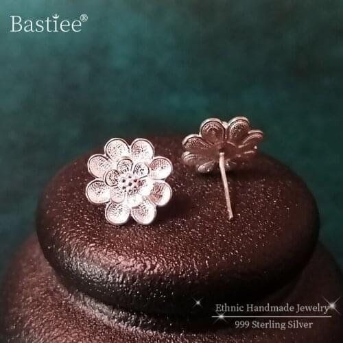 Small Flower Earing 999 Sterling Silver Stud Earrings For Women Handmade Luxury Jewelry Korean Ethnic Miao Silver Ear Studs