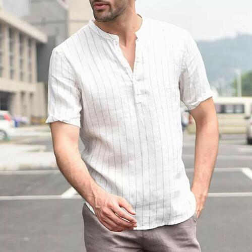 2019 Hot Sale Gray White Mens Striped Linen Short Sleeve T Shirt Summer Men Casual Loose Street V Neck Basic Tee Top S- 2XL