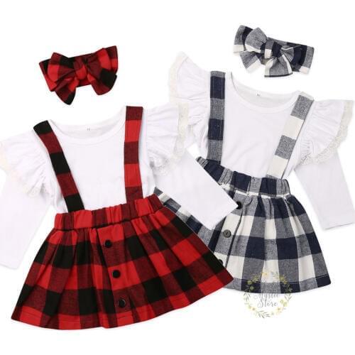 9M-5Years Toddler Kid Girls Christmas Clothing Set Lace Ruffles Tops + Plaid Skirts Red Dress Xmas Autumn Spring Kid Costumes