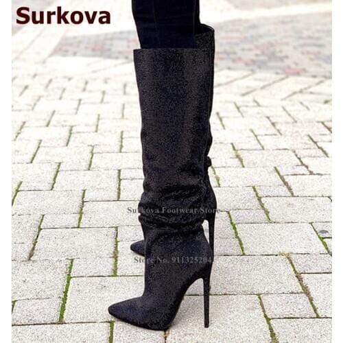 Surkova Women Luxury Black Crystal Knee High Boots Thin High Heel Bling Bling Pleated Dress Boots Pointed Toe Rhinestone Shoes