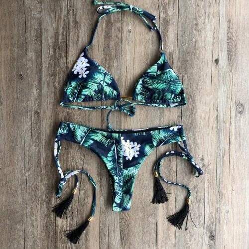 Sexy Bikini Female 2020 Ruffle Monokini Halter Swimsuit Women Swimwear Floral Biquini Print String Bandage Bikini Set