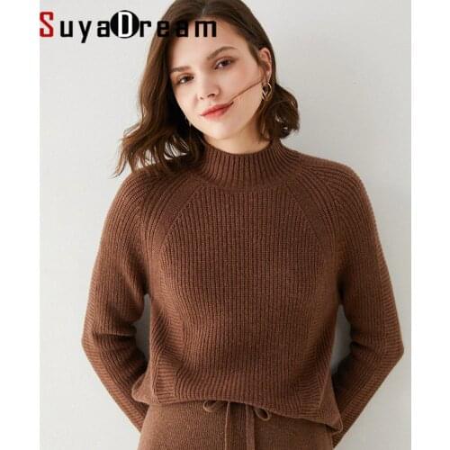 SuyaDream 2021 Winter 100%Wool Mock Neck Pullovers 2021 Fall Winter Warm Sweaters for Woman Grey