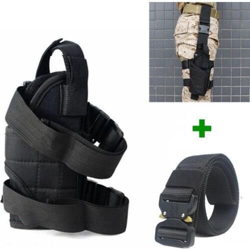 Tactical Drop Leg Pouch Gun Holster Adjustable Thigh Pistol Holster with Magazine Pouches Right Hand Nylon Holster + Waist Belt