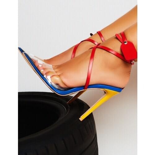 Fashion Summer PVC Transparency Pointed Toe Women Pumps High Heels Rivets Ankle Strap Ladies Shoes Sexy Pumps Sandals