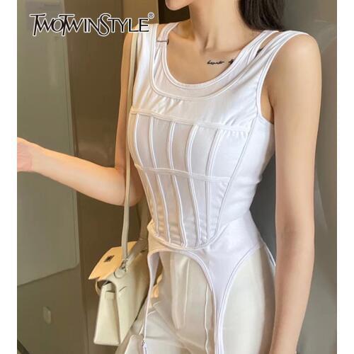 TWOTWINSTYLE Sexy Striped Women Two Piece Set O Neck Sleeveless Tunic Irregular Hem Suit For Female Clothes 2020 Summer Fashion