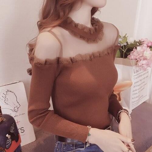 Spring and Summer Ladies Sexy Mesh Off-the-shoulder Lace Slim Bottoming Shirt Women Thin Long-sleeved T-shirt Pullover Sweater