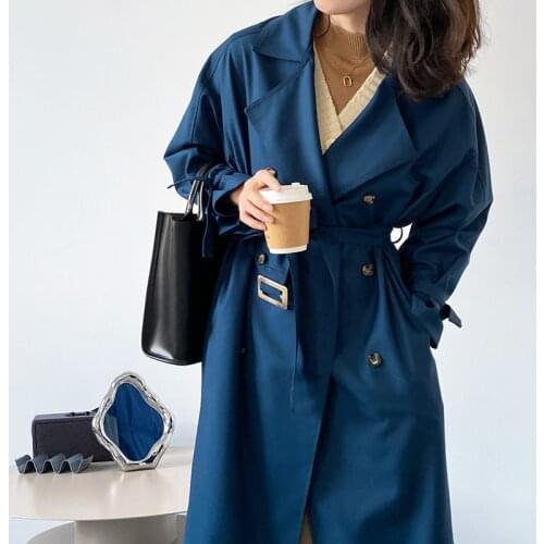 Blue Long Drop Windbreaker Womens Autumn Winter 2021 Loose Long Knee Coat Trench Coats And Jackets Women