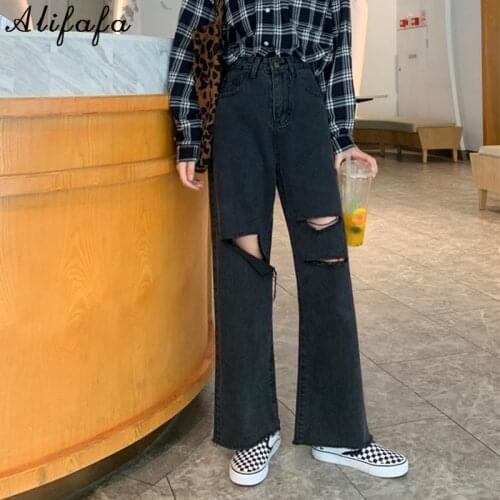 Woman Jeans Ripped High Waist Clothes Wide Leg Denim Clothing Streetwear Vintage Fashion Harajuku Straight Pants Black