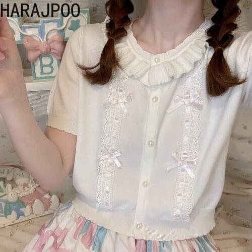 Harajpoo Women Cardigans Summer Fall Short Pearl Button Lace Wear Ribbon Bow Japanese Girl White Half Sleeve Knitted Casual Tops
