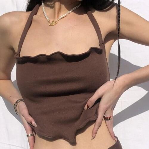 Women Summer Bow Tie Up Backless Halter Camis Vest Solid Color Ruhed Sling Straps Slim Fit Irregular Crop Tops Club Streetwear