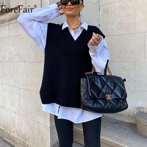 Forefair V Neck White Vest Sweater Sleeveless Knitted Women Loose Pullovers Black Oversized Casual Autumn Winter Jumper 2020