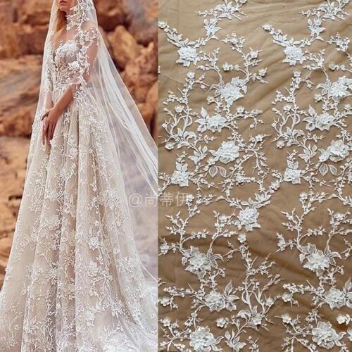 1 Yard 3D Pearl Beaded Flower Petal Lace Fabric , Off White Satin Blossom Bridal Couture Wedding Fabric Lace by yard 130cm wide