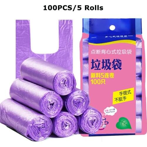100PCS/5 Rolls Black Purple Green Blue Thicken Garbage Bags Vest Style Storage Bag For Kitchen Home Bath Waste Trash Bag 45x63cm
