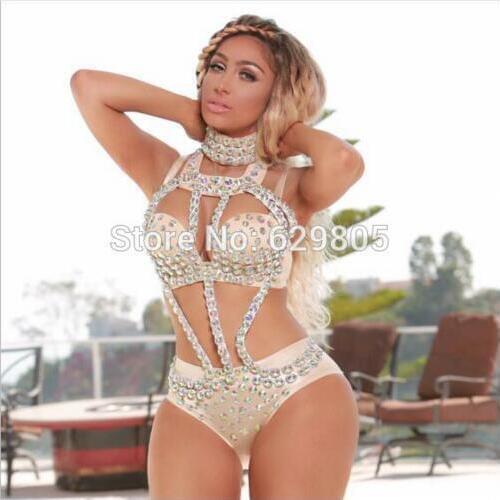 2019 Bright Rhinestone Sexy Female Singer Performance Party Wear Dance Stage Costume Bodysuit Prom Show Leotard