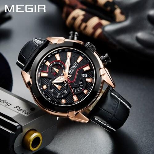2021 MEGIR Rose Gold Men Watches Fashion Luminous Leather Sport Quartz Watch Man Army Military Wristwatch Man Relogio Masculino