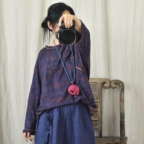 Vintage O Neck Spring Autumn Linen Blouses Top Shirts Fashion Long Sleeve Pullover Shirt Causal Floral Print Loose Shirt Blusas