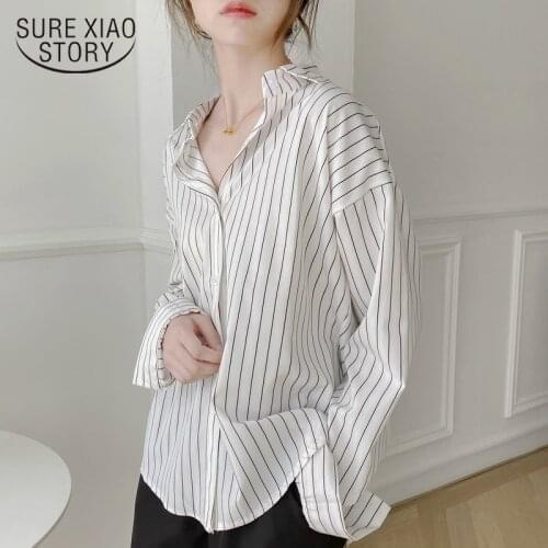 New Fashion Korean White Blouses Women Casual Striped Loose Plus Szie Office Lady Long Sleeve Top Cardigan Button Up Shirt 11876