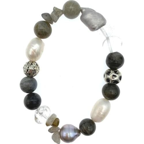 FoLisaUnique Baroque Pearls Clear Quartz Labradorite Bracelet With Antique Silver Plated Beads Stretchy For Women Gift 7.5 Inch