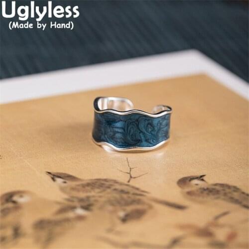 Uglyless Korean Fashion Rings for Women Real 925 Silver Wide Open Rings Irregular Curved Simple Finger Jewelry Glossy Silver