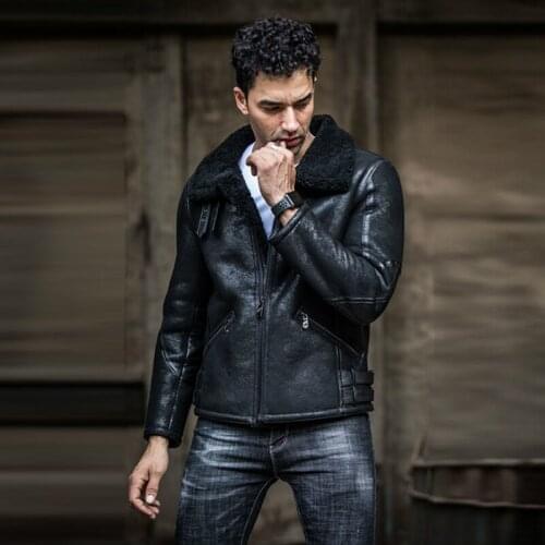 Mens Bomber Genuine Leather Sheepskin Jacket Men Winter Shearling Motorcycle Jacket Short Fur Coat