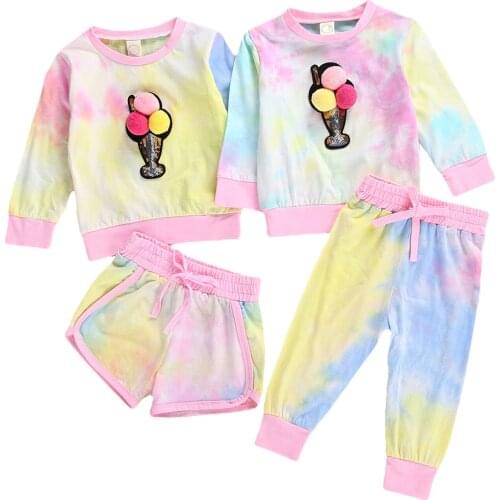 New Baby Girl Spring Autumn Tie Dye Outfits 3D Balls Ice Cream Long Sleeve Pullover + Shorts/Pants 2Pcs Clothes Set