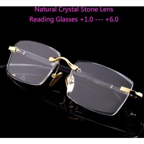 +5.0 +6.0 Man Reading Glasses Woman Natural Crystal Stone Glass Len Hyperopia Luxury Rimless Presbyopia Eyeglasses +1.0 3.0 +4.5