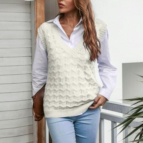 2021 Autumn Winter Women Sweater Vest Chic Solid Color Casual Sleeveless V-neck All-match Sweaters Girl Pullovers White Top