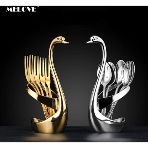 Fashion Decorative Swan Base Holder Creative Gold Leaf Dessert Spoons Premium Food Grade Stainless Steel Kitchen Accessories