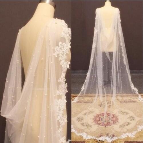 Lace Pearls Wedding Cape Veil Tulle Beaded Bridal Cloak Shrug White Ivory Long Women Evening dress Wrap Shawl