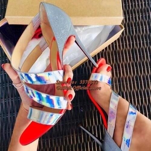 Newest Hologram Iridescent PVC Patchwork Dress Shoes Open Toe Glitter Stiletto Heels Shallow Pumps Multi-color Wedding Shoes