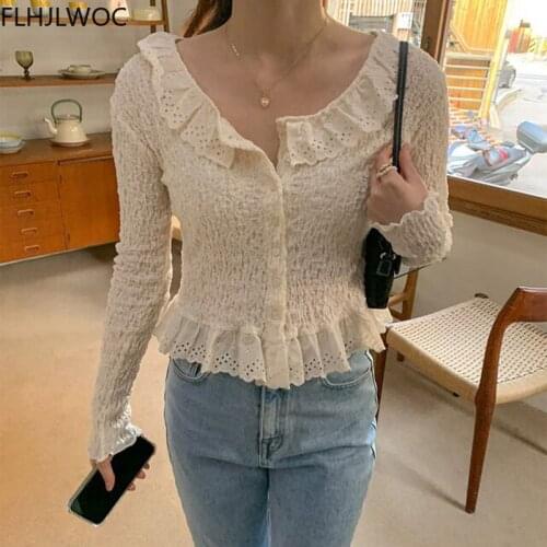 2021 Spring Autumn Basic Shirt Cute Sweet Chic Korea Japanese Style Girls Solid Ruffled Single Breasted Short Peplum Tops Blusas