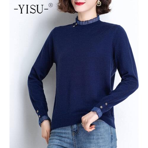 YISU 2021 Spring Women Sweater Half turtleneck Solid color Spring tops Long sleeve stripe Female Jumper Casual Knitted pullover