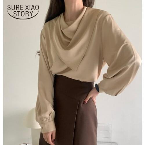 Autumn New Scarf Collar Detachable Shirt Korean Loose Solid Color Chiffon Blouse Women Plus Size Tops Chemisier Femme 12428