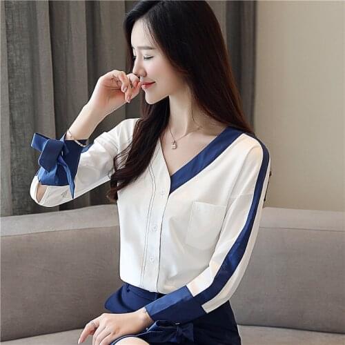 Womens Blouse Long Sleeve V-neck Chiffon Shirt Top Solid Color Cardigan Ladies Office Blouses