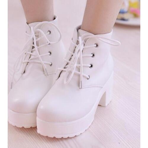 Black White Shoes Woman Boots Platform High Heels Sexy Pu Leather Boots Womens Lace Up Heels New Comfortable Womans Ankle Boots