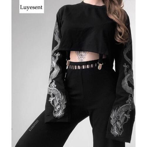 Cool Punk Black Woman Short Sweatshirt 2020 Summer Lady Dragon Print Long Sleeve Buckle Spring Gothic Rock Top Chinese Style New