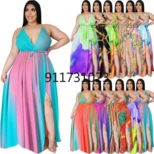 African Dresses for Women 2021 Summer African Women V-neck Polyester Printing Plus Size Long Dress African Clothes L-5XL
